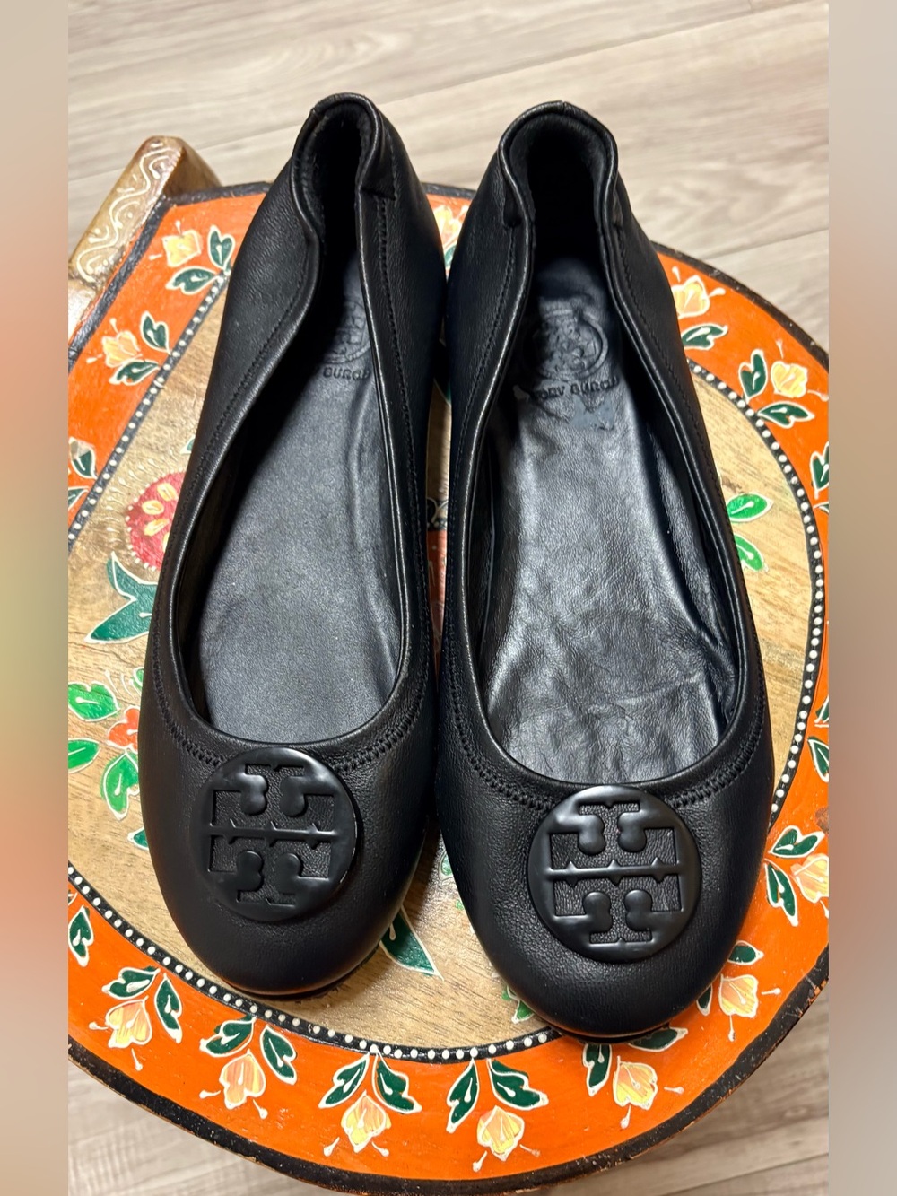 Tory Burch Black Leather Logo Ballet Flats
